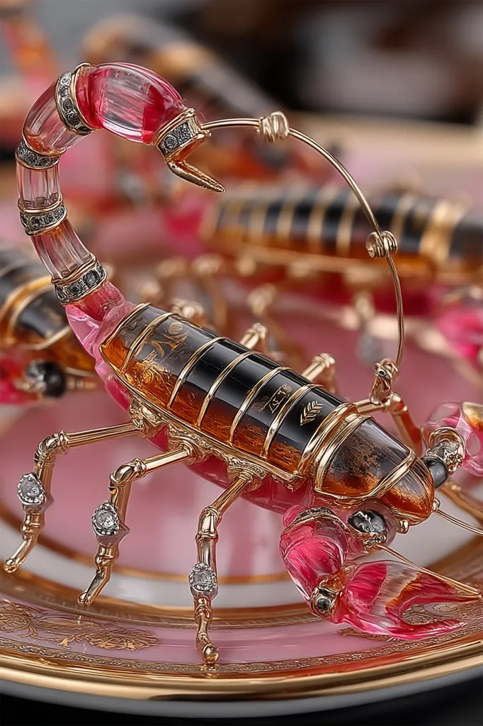A meticulously crafted jeweled scorpion rests on a delicate pink plate.  Its body is a blend of amber and black, accented with gold detailing and sparkling diamonds.  The tail and claws are translucent pink, adding a vibrant contrast.  The scorpion's intricate design and luxurious materials suggest a high-end collectible or piece of art.  Another scorpion is visible in the background, blurred but equally ornate.