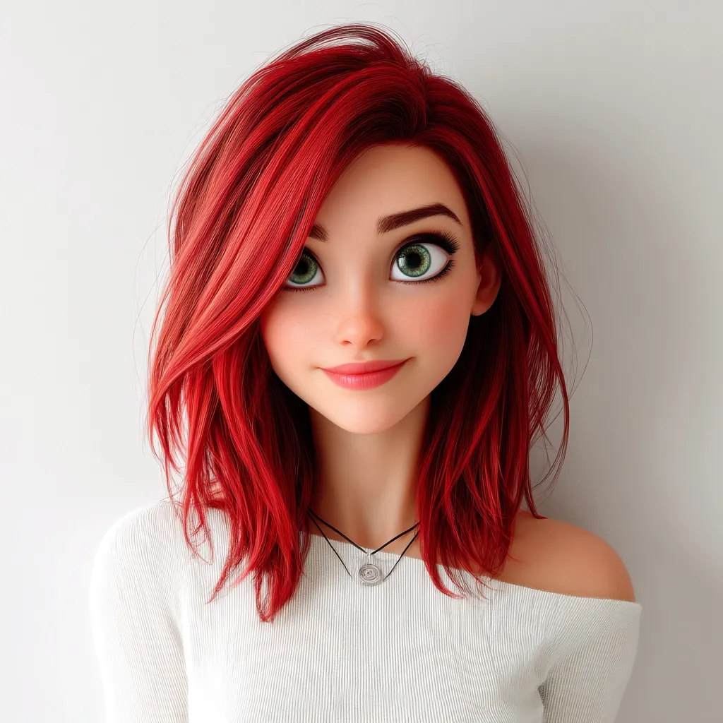 A stylized cartoon girl with vibrant red shoulder-length hair and striking green eyes looks gently to the side. She wears a simple white off-the-shoulder top and a delicate necklace with a small pendant. Her expression is pleasant and approachable, showcasing a charming and youthful demeanor.  The digital art style is smooth and polished, emphasizing her features.