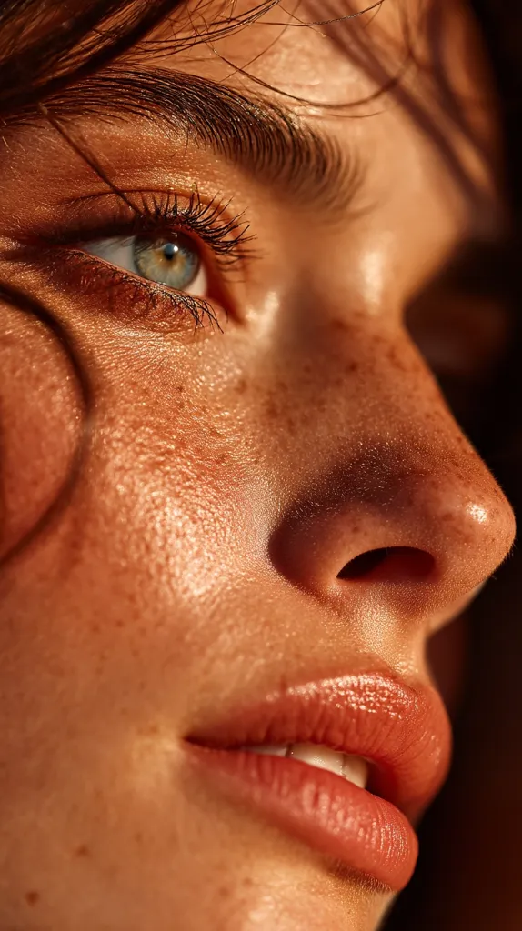 Close-up of a woman's face, sun-kissed skin with freckles,  her green eyes are partially visible, and her lips are full and slightly parted.  The lighting emphasizes the texture of her skin and the subtle glow.  Dark hair frames her face. The overall image is soft and warm.