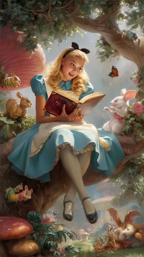 Alice, in her iconic blue dress and black bow, sits serenely under a sprawling tree, engrossed in a book.  Surrounding her are whimsical creatures: caterpillars, rabbits, and a curious dragon-like figure.  Mushrooms and butterflies add to the fantastical atmosphere of this enchanting scene, reminiscent of Wonderland.  The soft light and detailed rendering create a dreamlike quality.