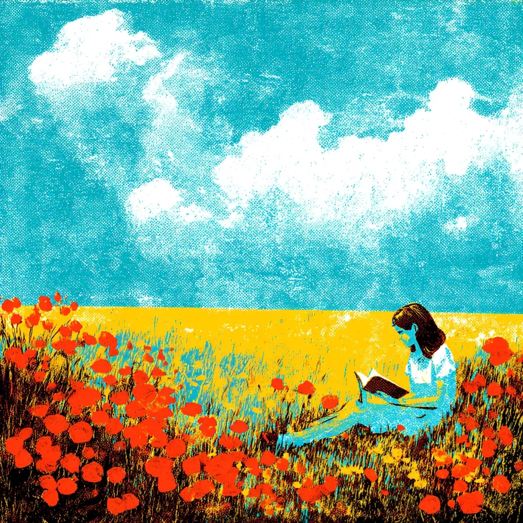 A stylized illustration depicts a young woman sitting amidst a vibrant field of red poppies under a bright turquoise sky.  She is engrossed in a book, enjoying a peaceful moment in nature. The bold colors and textured style create a sense of summer tranquility and artistic expression. The scene is idyllic and evokes a feeling of calm and escape.