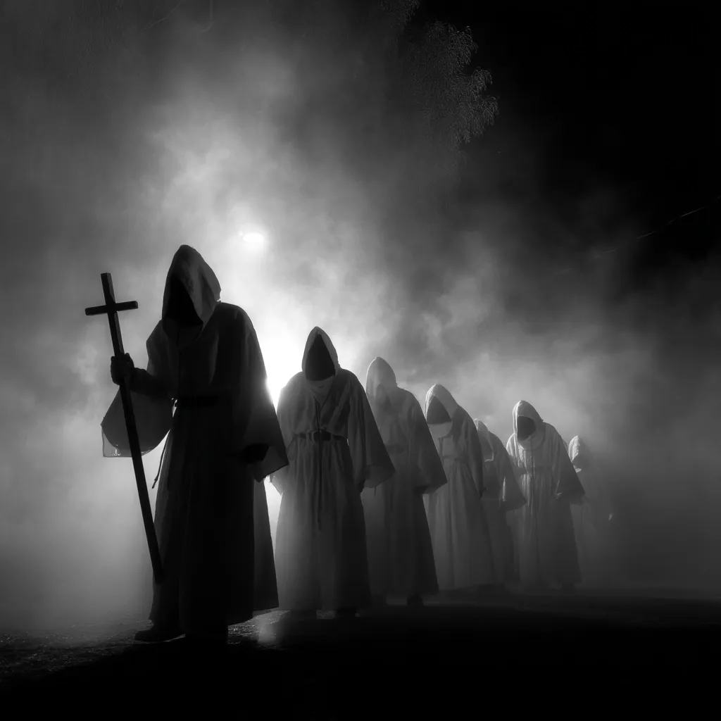 A procession of hooded figures, cloaked in white robes, moves through a dense fog at night.  The lead figure carries a large wooden cross. The scene is stark, monochromatic, and evokes a sense of mystery and foreboding.  The figures' faces are obscured, adding to the ominous atmosphere.  The overall effect is one of silent, solemn movement.