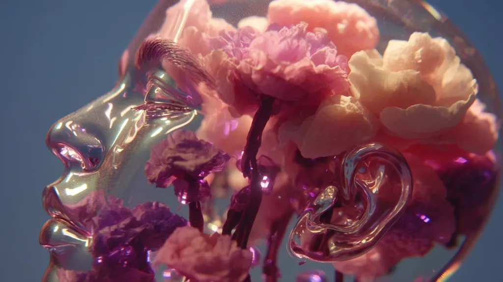 A transparent, iridescent head sculpture is filled with delicate pink and purple flowers.  The flowers appear to be encased within the head, creating a surreal and ethereal effect.  The sculpture is illuminated from within, enhancing the vibrant colors and textures of both the glass and the blossoms. The overall impression is one of beauty, fragility, and the intertwining of nature and art.