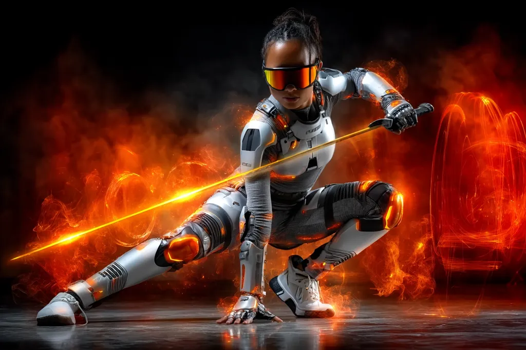 A female cyborg warrior, clad in futuristic gray and orange armor, crouches low, wielding a glowing orange energy sword.  She wears protective goggles and her pose suggests intense focus and readiness for combat.  Surrounding her is a fiery, smoky backdrop, adding to the dramatic and powerful visual.  The image is highly stylized, likely from a video game or science fiction artwork.