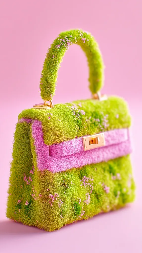 A miniature handbag crafted from a vibrant green moss-like material, accented with small pink flowers, is presented against a soft pink backdrop.  The handbag features a pink flap and gold clasp, giving it a luxurious yet whimsical feel. The texture of the moss is emphasized, creating a unique and eye-catching design.