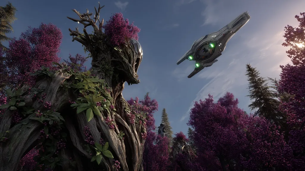 A futuristic spaceship hovers over a surreal forest.  Ancient, gnarled trees, covered in vibrant purple blossoms and verdant vines, resemble colossal, sentient beings.  The scene is bathed in soft, ethereal light, creating a dreamlike atmosphere where nature and technology coexist in an unexpected harmony.  The contrast between the organic forms and the sleek spaceship is striking.