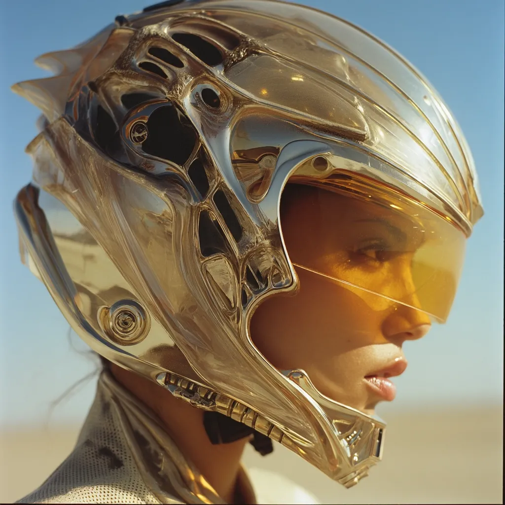 A woman's profile is visible, partially obscured by a futuristic, gold-colored helmet.  The helmet has a complex, organic design with a tinted visor.  The setting appears to be a desert under a bright blue sky. The overall aesthetic is one of science fiction or fantasy. The image is striking due to the contrast between the smooth, reflective helmet and the woman's soft features.