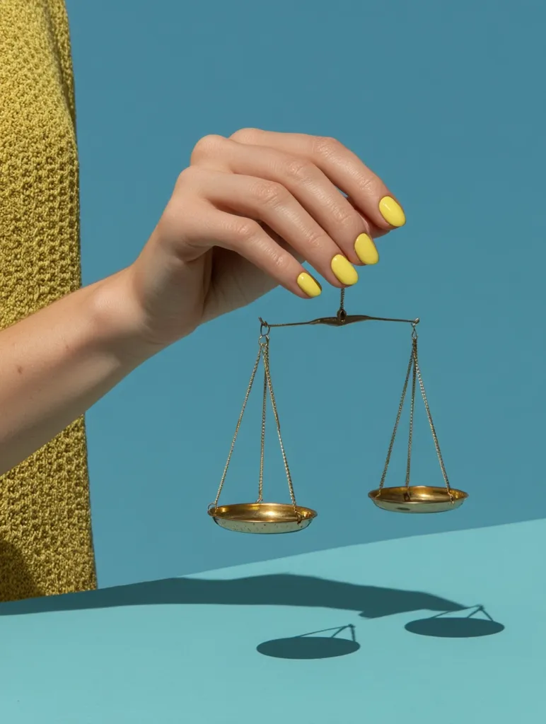 A woman's hand, adorned with bright yellow nails, delicately holds a miniature brass scale against a pastel blue background.  The scale hangs balanced, its golden pans reflecting light. The woman wears a muted olive green sweater.  The image evokes a sense of balance and subtle elegance.