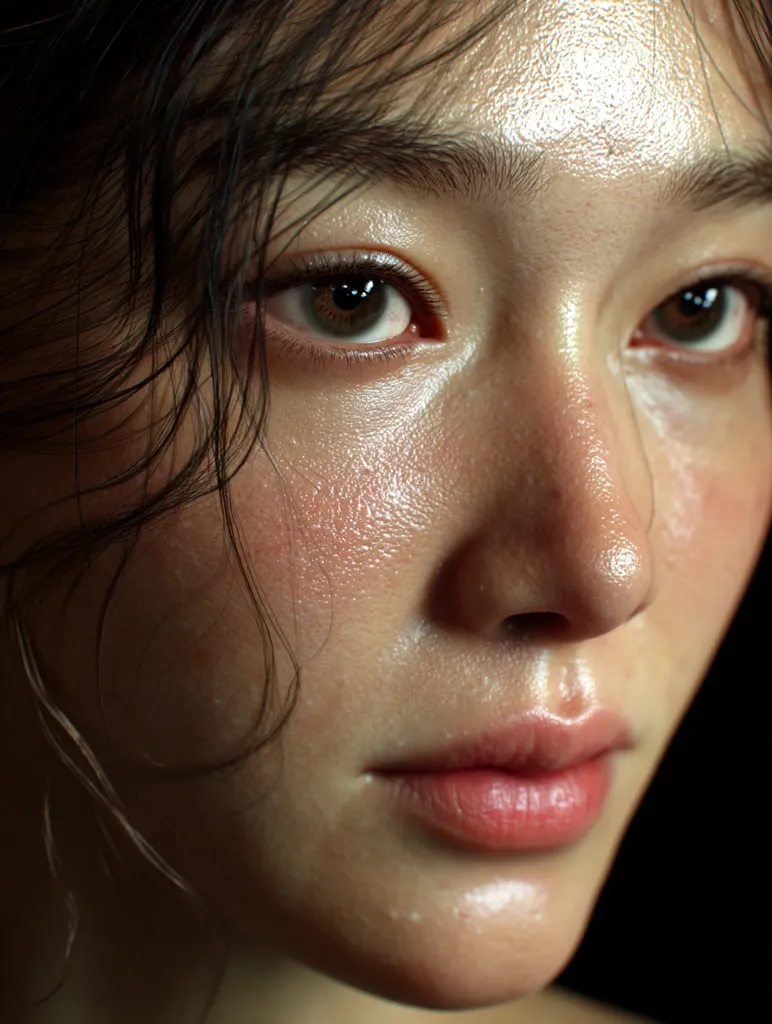 Close-up of a woman's face, her skin glistening with moisture.  Dark hair frames her face, partially obscuring her eyes.  Her expression is serene, almost pensive. The image showcases incredibly detailed skin texture and subtle lighting, creating a realistic and almost ethereal effect.  The focus is sharp, highlighting the fine details of her features.