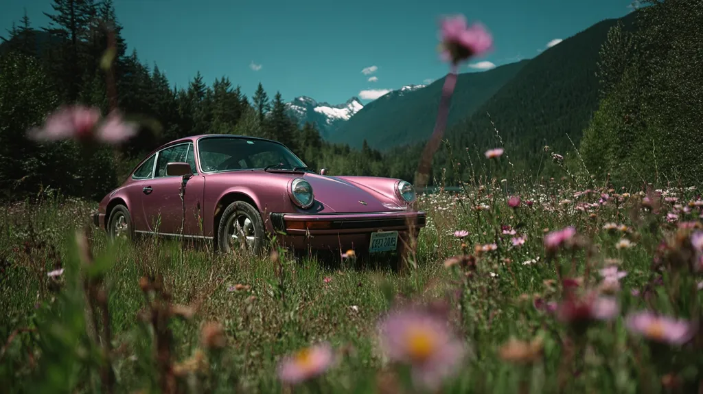 A vintage, dusty rose Porsche 911 sits in a vibrant wildflowers meadow.  The backdrop features a majestic mountain range under a clear blue sky.  The car is partially obscured by the flowers, creating a picturesque scene of serene nature and classic automotive beauty.  The overall tone is peaceful and idyllic.