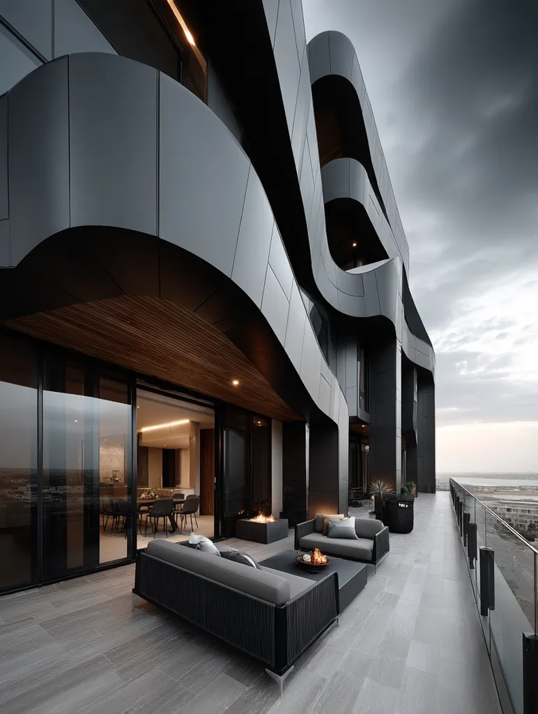 A modern apartment balcony features sleek, dark grey furniture arranged around a fire pit.  Large glass doors reveal a minimalist interior. The building's exterior is striking, with a dramatic, curving facade of dark metal panels.  The balcony overlooks a distant body of water under a cloudy sky, offering panoramic views. The overall aesthetic is sophisticated and luxurious.