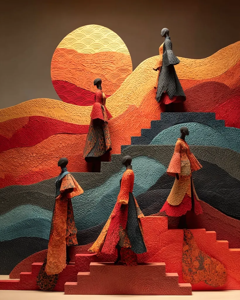 Five stylized mannequins ascend a textured staircase against a backdrop of swirling, textured hills and a large, patterned sun. The mannequins wear long, patterned gowns in shades of orange, red, and teal, crafted from seemingly layered fabric or paper. The artwork's color palette is warm and earthy, creating a dramatic and visually striking composition.  The overall effect is one of both elegance and artistic expression.