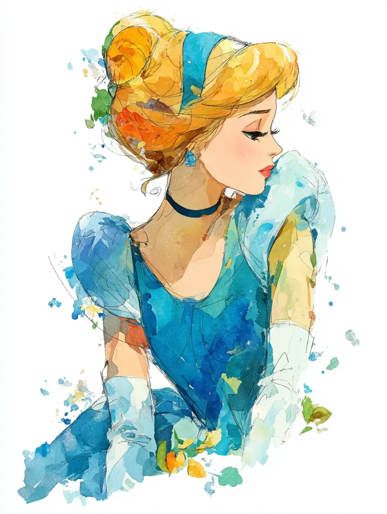 A watercolor painting depicts Cinderella in profile view, her blonde hair elegantly styled up.  She wears her iconic blue ball gown, rendered in soft, flowing brushstrokes.  A melancholic expression graces her face.  The artist uses a loose, expressive style, with splashes of color adding to the dreamy atmosphere. The overall effect is romantic and evocative of the classic fairytale.