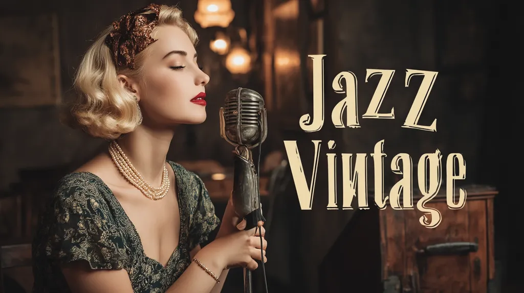 A glamorous blonde woman in a vintage green dress and pearl necklace sings into a classic microphone.  Her hair is styled in a short, wavy bob with a decorative headpiece. The background suggests a dimly lit jazz club. The words "Jazz Vintage" are superimposed over the image, evoking a retro atmosphere.  The overall style is reminiscent of the 1930s or 1940s.