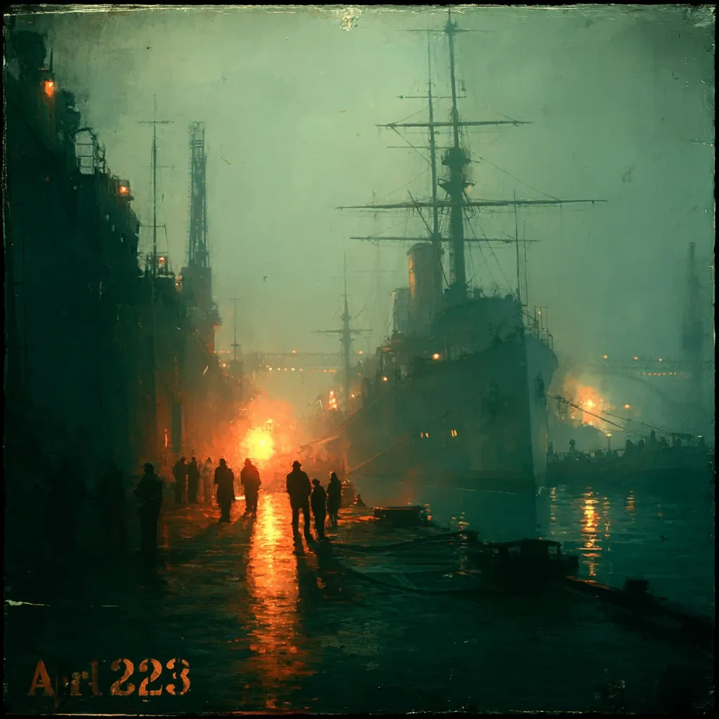 A misty, twilight scene at a dockyard. Silhouetted figures walk along a wet dockside, illuminated by an orange glow emanating from the center.  Large ships and industrial structures loom in the background, their outlines softened by the fog. The atmosphere is evocative of a bygone era, perhaps the early 20th century, conveying a sense of mystery and quiet industry. The artist's signature, "Art 223," is subtly placed in the bottom left corner.