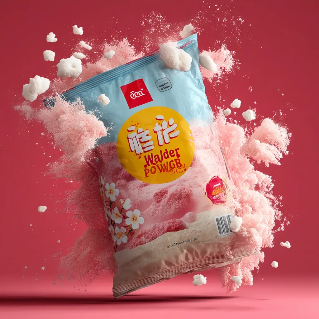 A bag of "Walder Powgr" snacks explodes in a burst of pink powder and white pieces against a vibrant red background.  The packaging features Chinese characters and a stylized cherry blossom design. The overall impression is one of energy and playful explosion of flavor.  The brand name "dēca" is visible in a small logo.