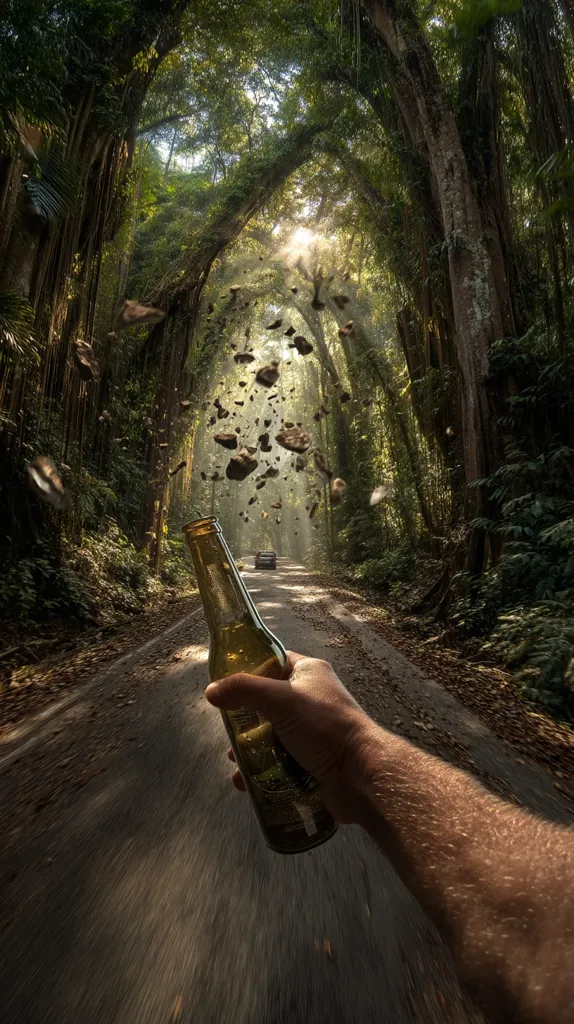 A hand holds a beer bottle on a forest road.  Rocks appear to be falling from the canopy above, creating a surreal and dramatic effect. Sunlight streams through the dense trees that form a natural tunnel. A car is visible in the distance, adding to the sense of movement and journey.  The image is dynamic and evokes a feeling of adventure.