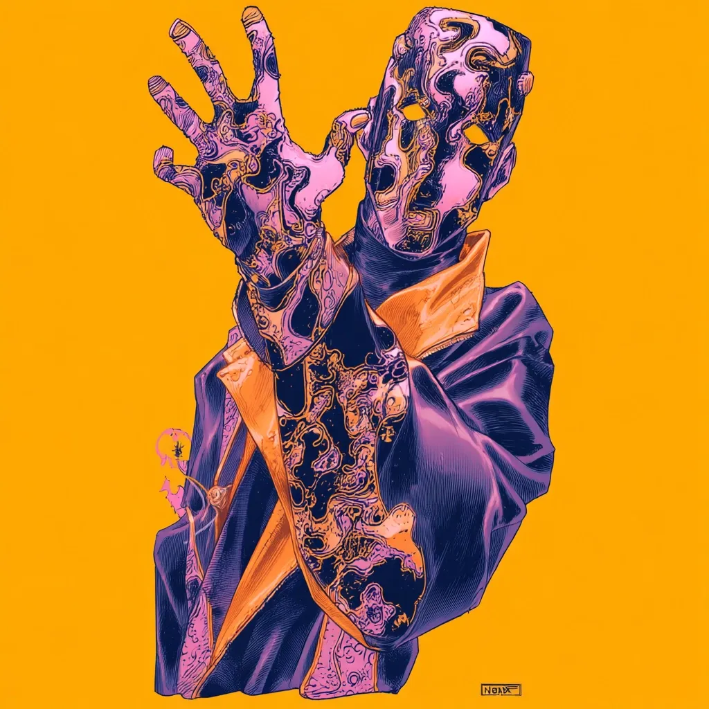 A stylized figure, seemingly masked or with an unusual face, is depicted against a vibrant orange background.  The figure's attire and skin are adorned with intricate, swirling patterns in shades of purple and orange.  One hand is raised, emphasizing the detailed texture of the artwork. The overall style is bold and graphic, with a blend of surreal and possibly futuristic elements. The image has a striking visual impact.