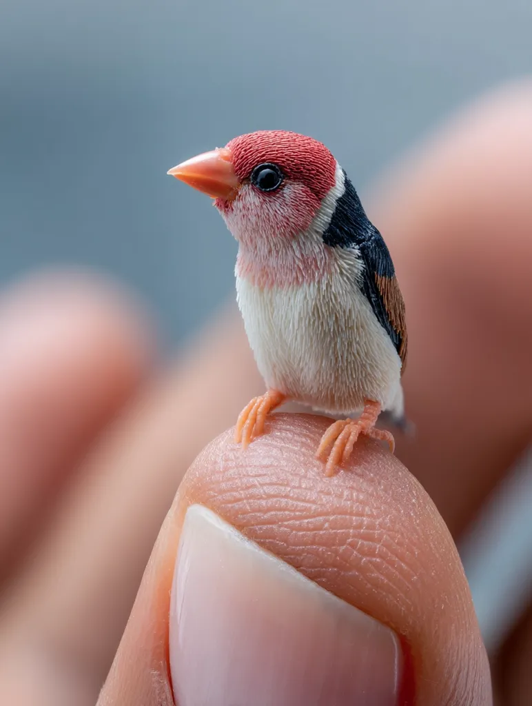 A small, vividly colored bird, predominantly pink and white with black markings, perches delicately on a person's fingertip.  The bird's tiny feet grip the skin, and its bright red beak is slightly open. The background is softly blurred, focusing attention on the tiny creature.  The image evokes a sense of gentleness and intimacy between human and animal.