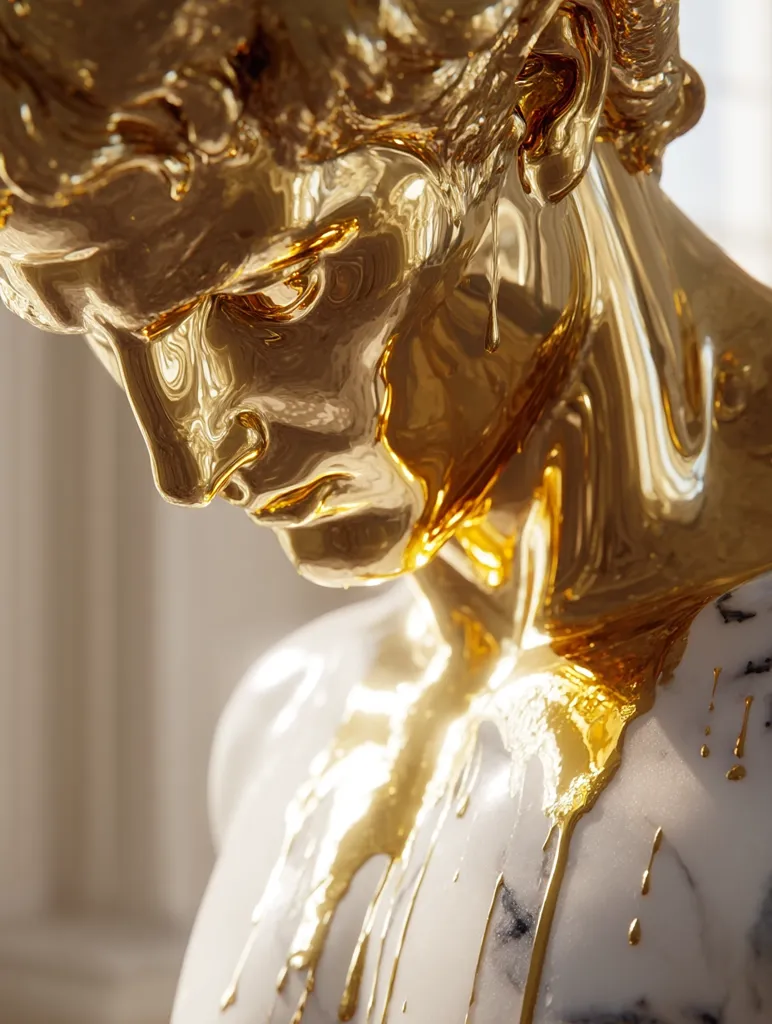 A close-up view of a sculpted bust, seemingly classical in style, is dramatically adorned with molten gold.  The gold flows down the marble-like figure, contrasting its smooth texture against the drips and pools of gleaming metal. The figure's head is bowed, creating a sense of melancholy or contemplation. The lighting enhances the gold's reflective quality, creating a luxurious and somewhat surreal effect.