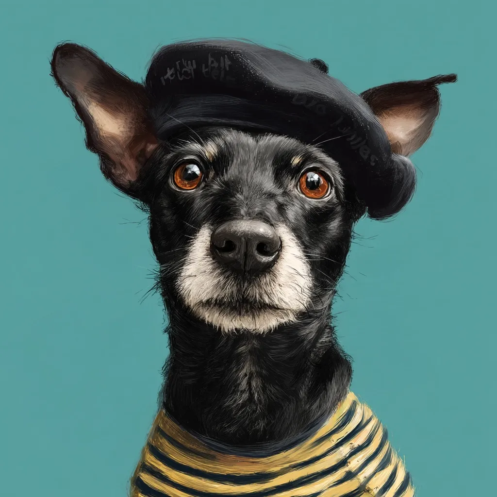 A charming digital painting depicts a black dog, possibly a terrier mix, wearing a black beret and a yellow and black striped shirt.  The dog's large, expressive brown eyes and slightly inquisitive expression are highlighted against a teal background. The style is reminiscent of a portrait, with attention to detail in the fur and the dog's attire.