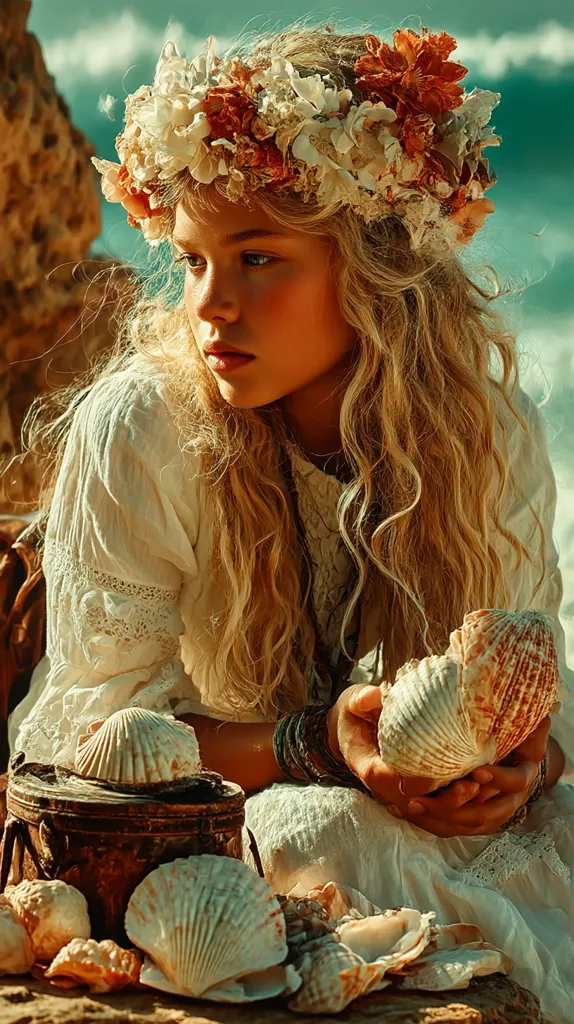 A young girl with long, wavy blonde hair wears a flower crown and a white, lacy dress.  She sits by the ocean, cradling seashells in her hands.  Sunlight illuminates her and the surrounding rocks and sand.  The overall aesthetic is bohemian and ethereal, evoking a sense of mystical seaside beauty.  Several other seashells are scattered around her.
