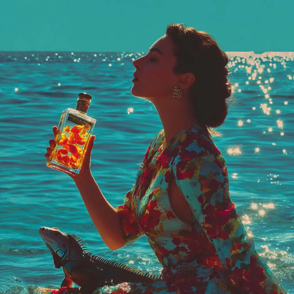 A woman in a vibrant floral dress sits in shallow, sparkling turquoise water.  She holds a bottle filled with orange blossoms, her profile turned towards the sunlit sea. A green iguana rests beside her. The scene is evocative of a tropical paradise, the colors saturated and the atmosphere serene.  The overall impression is one of luxurious calm and escapism.