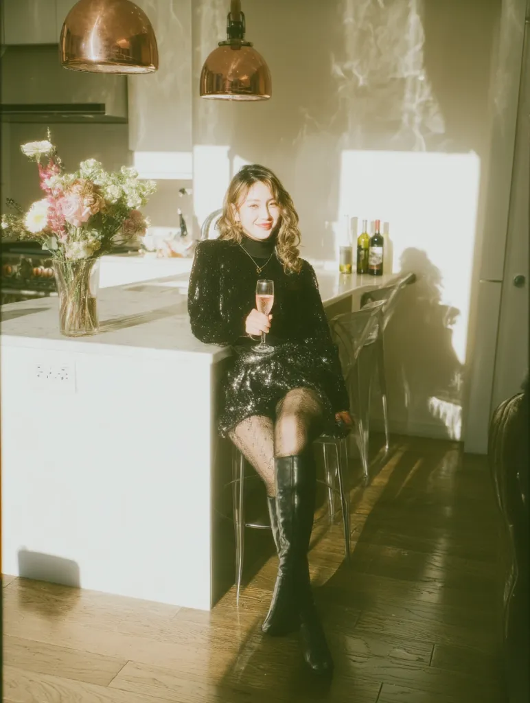 A young woman with shoulder-length brown hair sits at a kitchen counter, holding a glass of champagne. She's dressed in a sparkly black mini dress, black fishnet stockings, and tall black boots. Sunlight streams through the window, casting shadows on the floor. A bouquet of flowers sits in a vase on the counter. The overall mood is one of relaxed elegance.