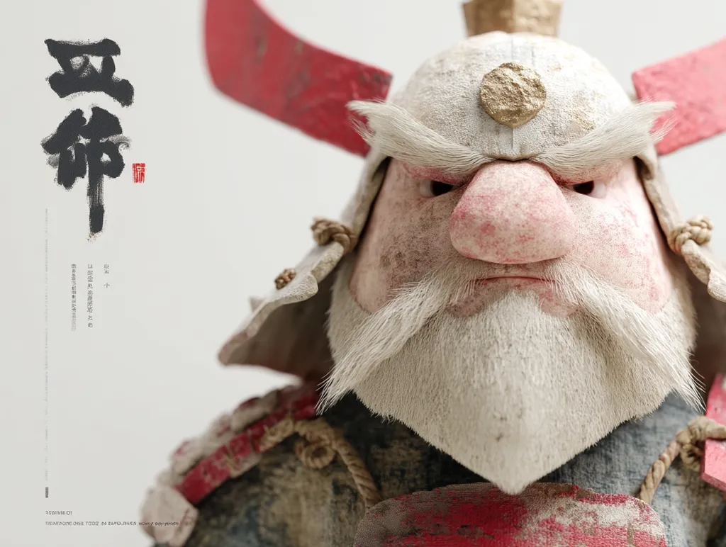 A close-up shot reveals a meticulously crafted figurine, possibly representing a weathered warrior.  The figure boasts a large nose, bushy white beard and mustache, and wears a worn, off-white helmet adorned with red accents. The helmet's design suggests an Asian or East Asian cultural influence.  The background features stylized Asian calligraphy, enhancing the artistic and cultural context.  The overall texture and detail give the figurine a realistic, aged appearance.