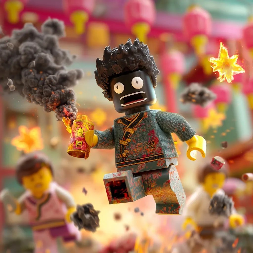 A Lego minifigure, dark-skinned with an afro, is depicted mid-air, holding a lit firecracker that emits dark smoke.  He's wearing a stained, patterned Chinese-style jacket and pants, suggesting a chaotic, explosive scene.  Other blurred Lego figures in traditional clothing are in the background, amidst fiery debris and explosions, creating a dynamic, festive, yet slightly destructive atmosphere.
