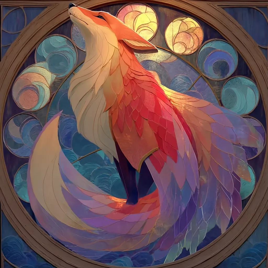 A stylized fox, rendered in vibrant hues of orange, purple, and pink, is depicted within a circular stained-glass frame. Its fur appears as meticulously crafted, overlapping scales or feathers, creating a textured, almost three-dimensional effect.  The background features a swirling, watery pattern in blues and greens, contrasting with the fox's warm tones. The overall style is fantastical and evocative, suggesting a mystical or enchanted creature.