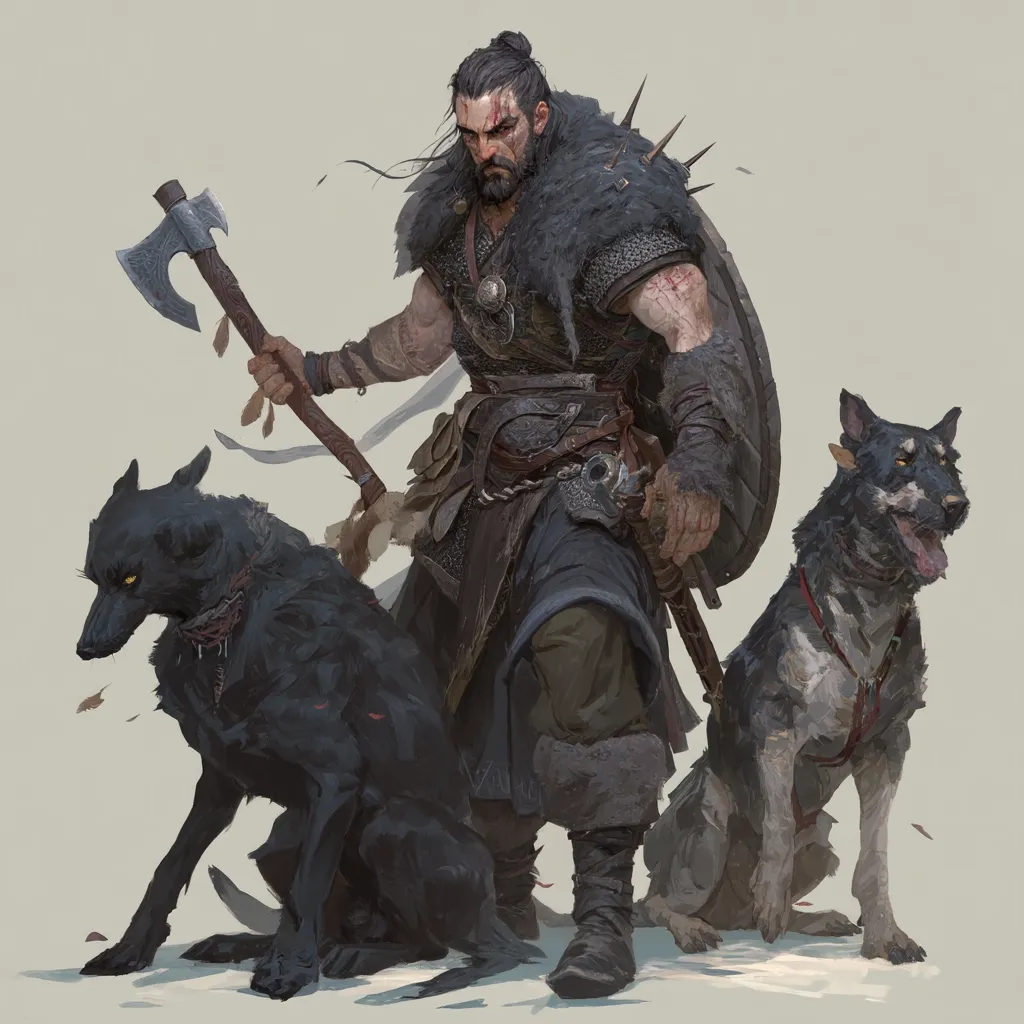 A fierce warrior, clad in dark furs and chainmail, stands defiantly.  He wields a battle axe and carries a spiked shield.  Two loyal canines, a black wolf and a mottled dog, flank him, adding to his imposing presence. The man's scarred face and determined gaze convey a sense of strength and resilience, hinting at battles fought and victories won.  The overall style is reminiscent of fantasy art or a video game character.