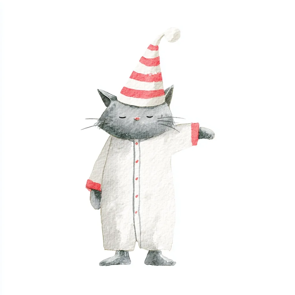 A watercolor painting depicts a charming grey cat wearing a white pajama onesie and a red and white striped sleep cap. The cat's eyes are closed, suggesting sleepiness.  The cat stands with one arm slightly outstretched, creating a whimsical and endearing image. The style is simple and sweet, perfect for children's illustrations or cards.