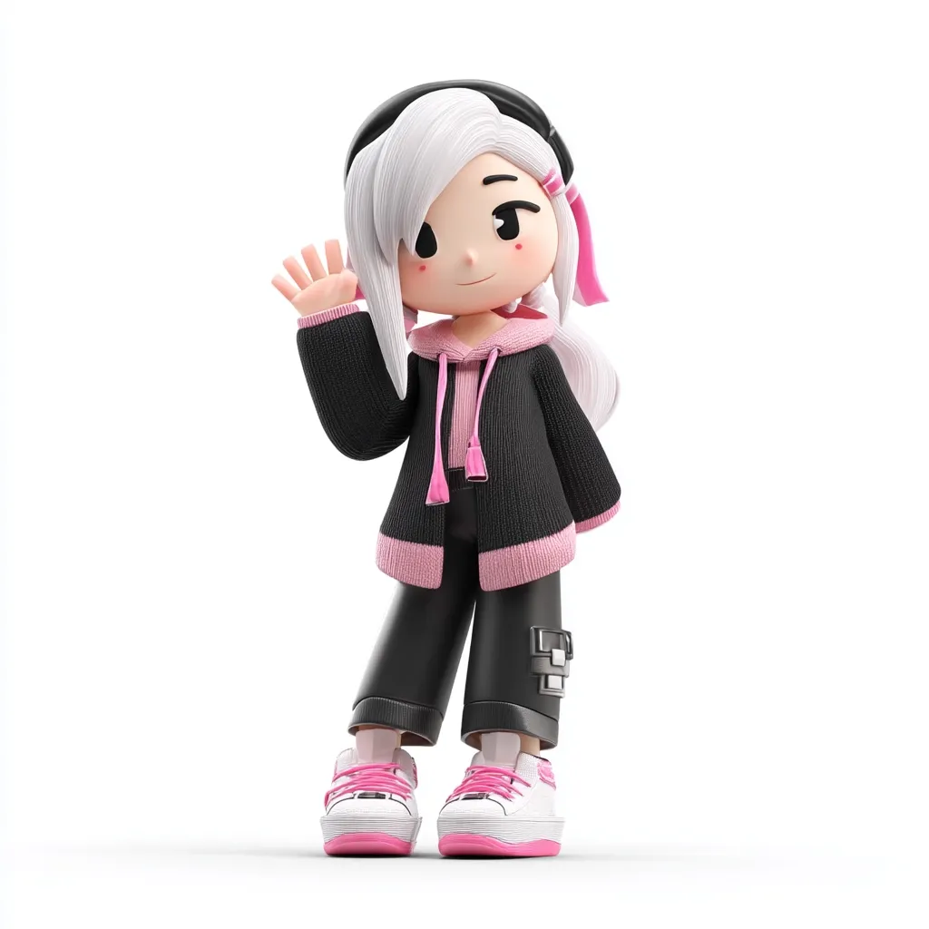 A 3D rendered illustration of a cute anime-style girl with long white hair, wearing a black hoodie and pants with pink accents. She's waving with one hand, and her expression is friendly and welcoming.  She's sporting pink and white sneakers.  The overall style is playful and modern.
