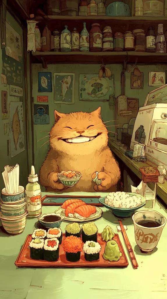 A cheerful, overweight orange cat sits at a table laden with a delicious sushi spread.  The scene is set in a quaint, cluttered shop with shelves stocked with various jars and bottles. The cat holds a small bowl of what appears to be seafood, and a grin stretches across its face.  The table also features rice, nigiri, maki, wasabi, soy sauce, and a cup of tea, creating a charming and whimsical illustration.