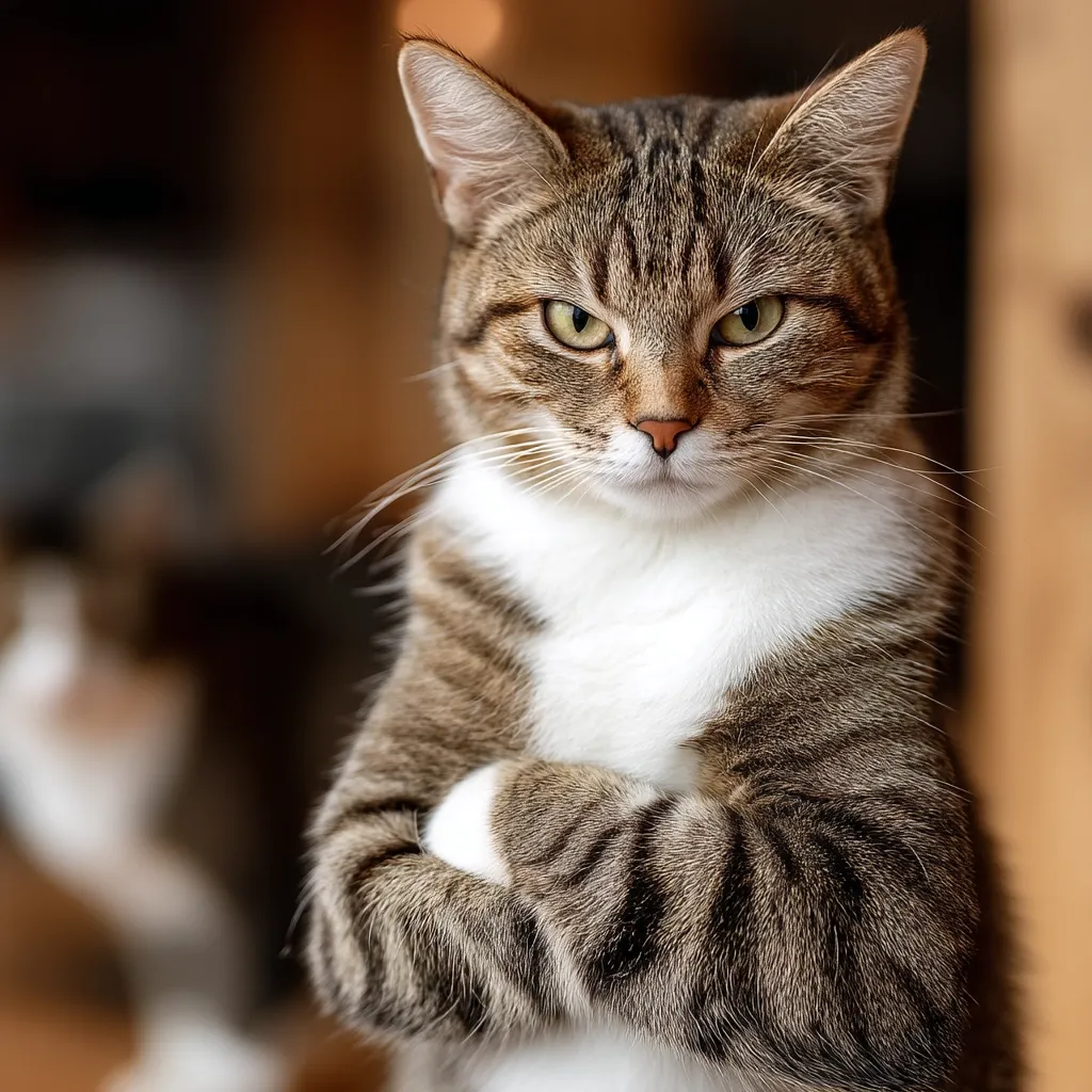 A tabby cat with a white chest sits with its arms crossed, displaying a serious and confident demeanor.  Its fur is a mix of brown and grey, and its green eyes are intensely focused. The background is blurred, drawing attention to the cat's expressive pose. The overall impression is one of feline composure and perhaps slight disapproval.