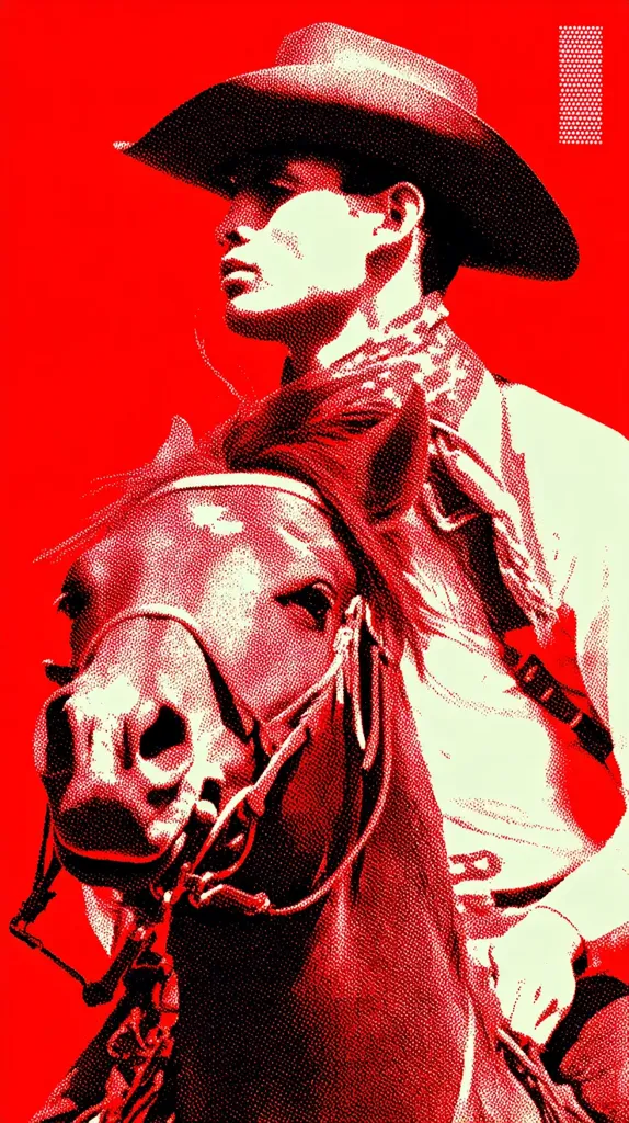 A stylized, red-toned image depicts a cowboy astride a horse.  The cowboy, wearing a wide-brimmed hat and neckerchief, is rendered in a pointillist style, creating a textured effect.  The horse's head and part of its body are visible, mirroring the bold, graphic style of the cowboy's portrait. The overall composition is strong and evocative of the American West.
