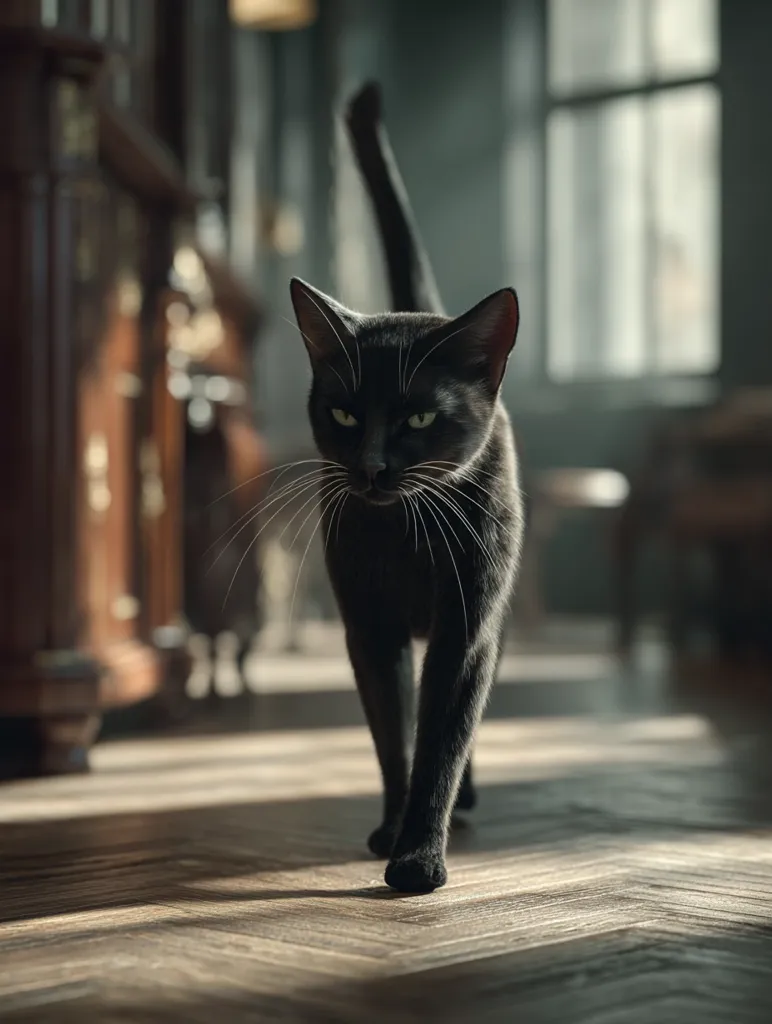 A sleek black cat with striking green eyes walks across a sun-dappled hardwood floor.  Its tail is elegantly arched, and its gaze is intense. The background is softly blurred, suggesting an antique-filled interior with dark wood furnishings and a large window. The image evokes a sense of quiet elegance and mystery.