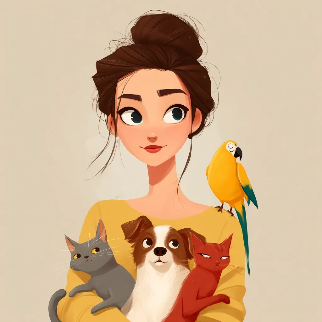 A charming illustration depicts a young woman with a bun hairstyle, wearing a mustard-yellow sweater.  She lovingly cradles a grey cat, a red cat, and a small, white-and-brown dog. A yellow parrot perches gently on her shoulder. The style is cute and cartoonish, with large, expressive eyes and soft features. The overall impression is one of warmth and affection between the girl and her pets.