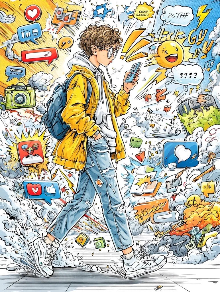 A vibrant illustration depicts a young person, clad in a yellow jacket and jeans, navigating a chaotic cityscape bursting with social media icons and digital ephemera.  Surrounding the figure are emojis, speech bubbles, app symbols, and dynamic graphic elements, suggesting the overwhelming nature of modern digital life.  The style is energetic and expressive, emphasizing the chaotic blend of online and offline experiences.