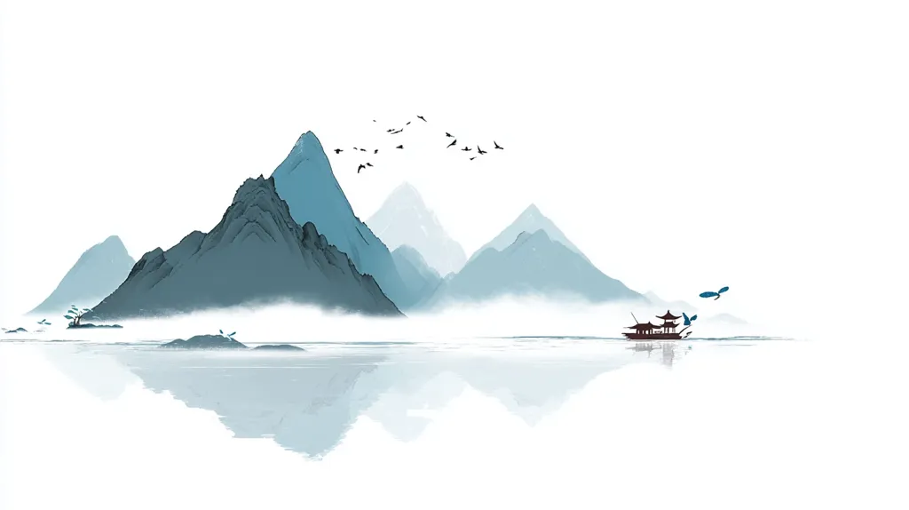 A serene landscape painting in the style of East Asian ink wash depicts tranquil mountains reflected in calm water.  A small pavilion rests on a boat in the foreground, while birds fly overhead.  The misty mountains and soft colors evoke a sense of peace and tranquility. The image is minimalist and elegantly simple.