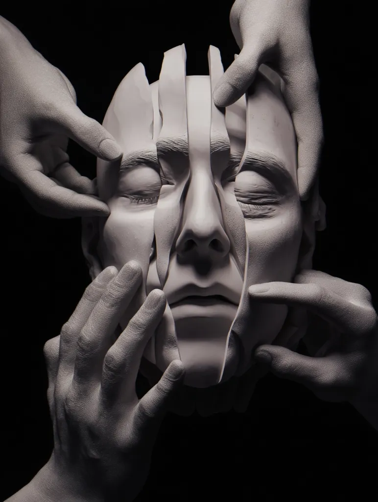A monochromatic close-up reveals a sculpted human head, meticulously divided into segmented pieces.  Multiple hands, seemingly crafted from the same material, delicately manipulate the fragmented face. The overall effect is one of vulnerability and the exploration of identity, or the fragility of the self.  The dark background enhances the dramatic contrast and emphasizes the sculptural detail.