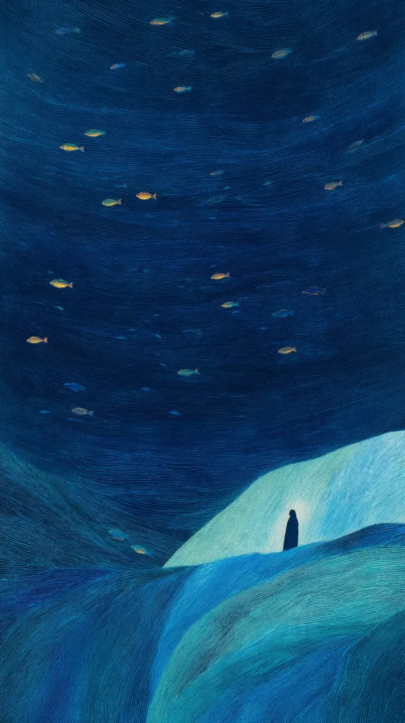 A solitary figure stands on a gently sloping, luminous teal hill, silhouetted against a deep blue, textured sky.  Small, golden fish are scattered across the sky, creating a surreal underwater scene. The textured lines throughout the image suggest movement and depth, conveying a sense of mystery and tranquility. The overall color palette is cool and calming.