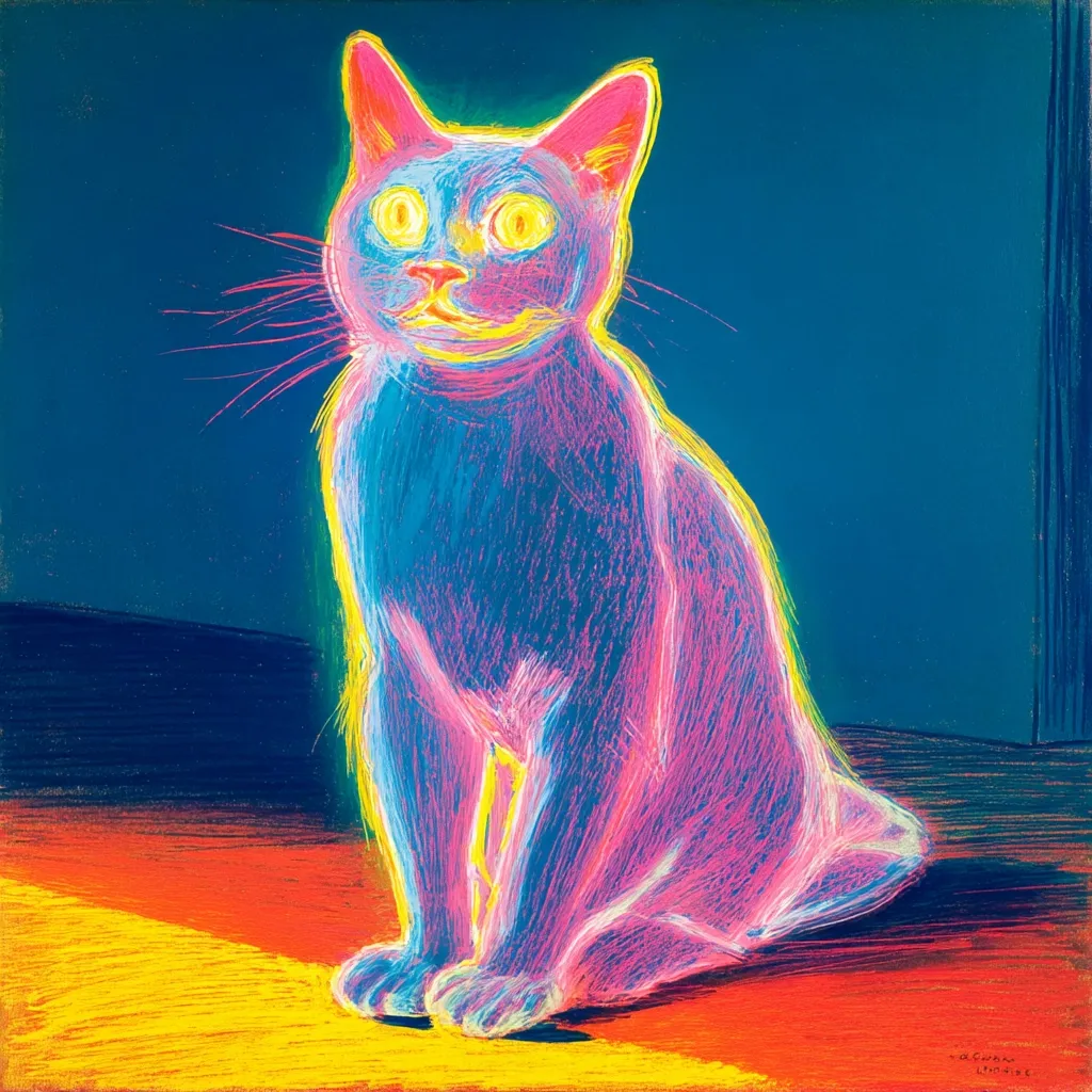 A vibrant, stylized portrait of a cat. Rendered in bold, neon hues of pink, blue, and yellow, the cat is depicted sitting, its form outlined with energetic strokes.  The background is a deep teal, contrasting with the bright cat and a warm, orange-yellow foreground. The overall effect is a dynamic and almost ethereal image.