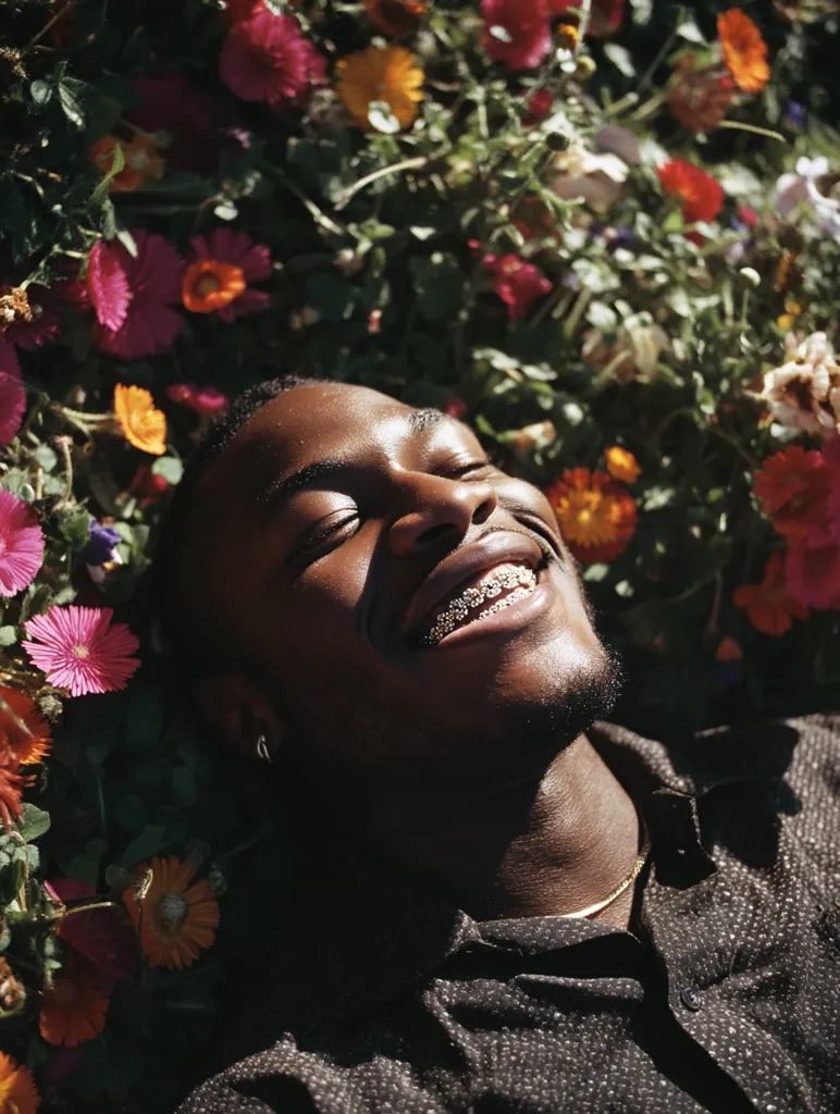 A young Black man with gold grills lies on his back amidst a vibrant bed of colorful flowers.  His eyes are closed, and a smile stretches across his face, showcasing his jewelry.  The sunlight illuminates his features and the blossoms surrounding him, creating a joyful and serene scene.  He's wearing a dark, subtly patterned shirt.