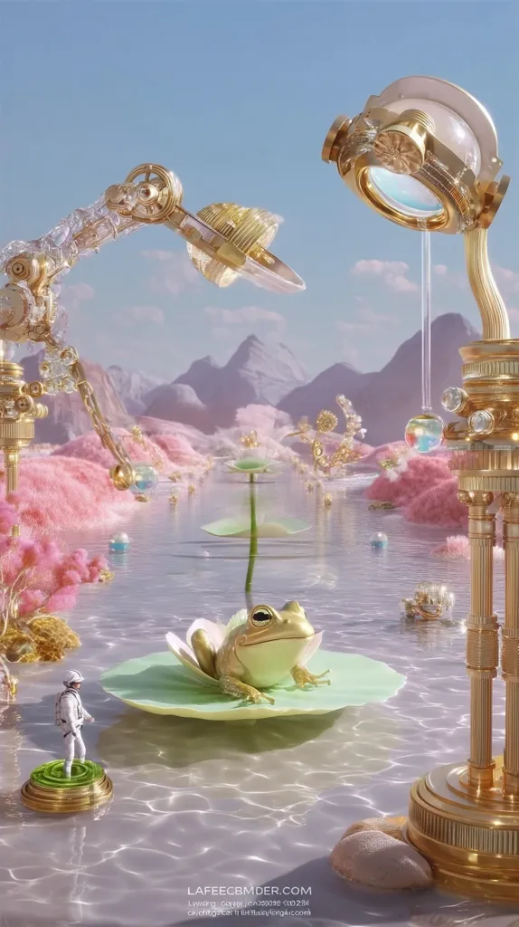 A serene digital artwork depicts a whimsical landscape.  Gold, ornate structures frame a calm, pale pink and teal waterway, where a golden frog sits on a lily pad.  A small astronaut figure stands nearby, adding a surreal element.  The background features soft, pastel mountains under a clear sky, creating a dreamlike atmosphere.  The overall aesthetic is elegant and fantastical.