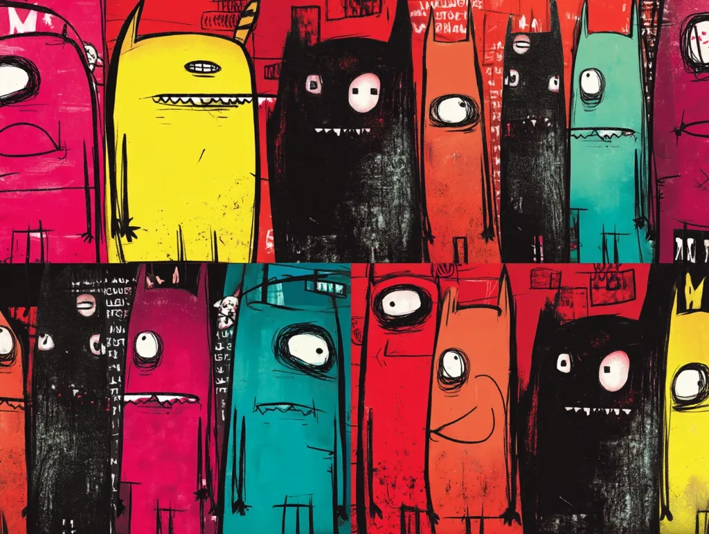 The artwork showcases two rows of whimsical, cartoonish monsters.  Each monster is uniquely colored and designed with expressive eyes and mouths, exhibiting a range of emotions.  The style is bold and graphic, utilizing vibrant colors and dark outlines against a textured background.  The overall effect is playful yet slightly unsettling, creating a visually engaging and imaginative piece.
