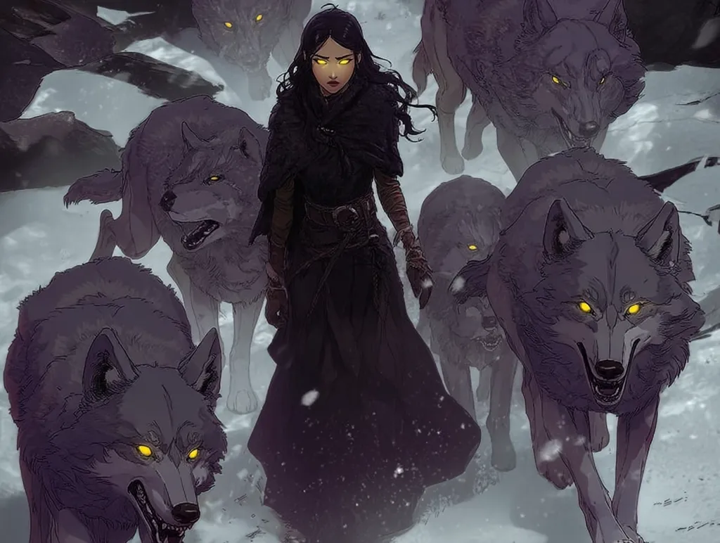 A dark-haired woman in a black cloak leads a pack of grey wolves through a snowy landscape.  The wolves have glowing yellow eyes, and their expressions are fierce. The woman appears confident and powerful, her gaze unwavering as she navigates the wintry terrain with her loyal canine companions.  The overall mood is one of mystery and strength.