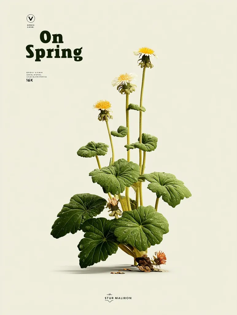 A minimalist botanical illustration depicts a cluster of dandelion-like flowers with dew-kissed, large, green leaves.  The title "On Spring" is prominently displayed above. The image evokes a fresh, springtime feeling with its clean lines and soft color palette.  The artist's signature, "Stur Maliron," is subtly placed at the bottom.