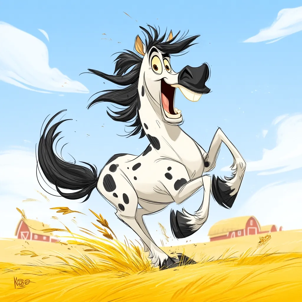 A joyful, cartoonish horse with a predominantly white coat and black spots gallops across a golden wheat field. Its long black mane and tail stream behind it as it runs.  The horse's mouth is wide open in a joyous expression, and red barns are visible in the distance under a bright blue sky. The style is lively and whimsical.